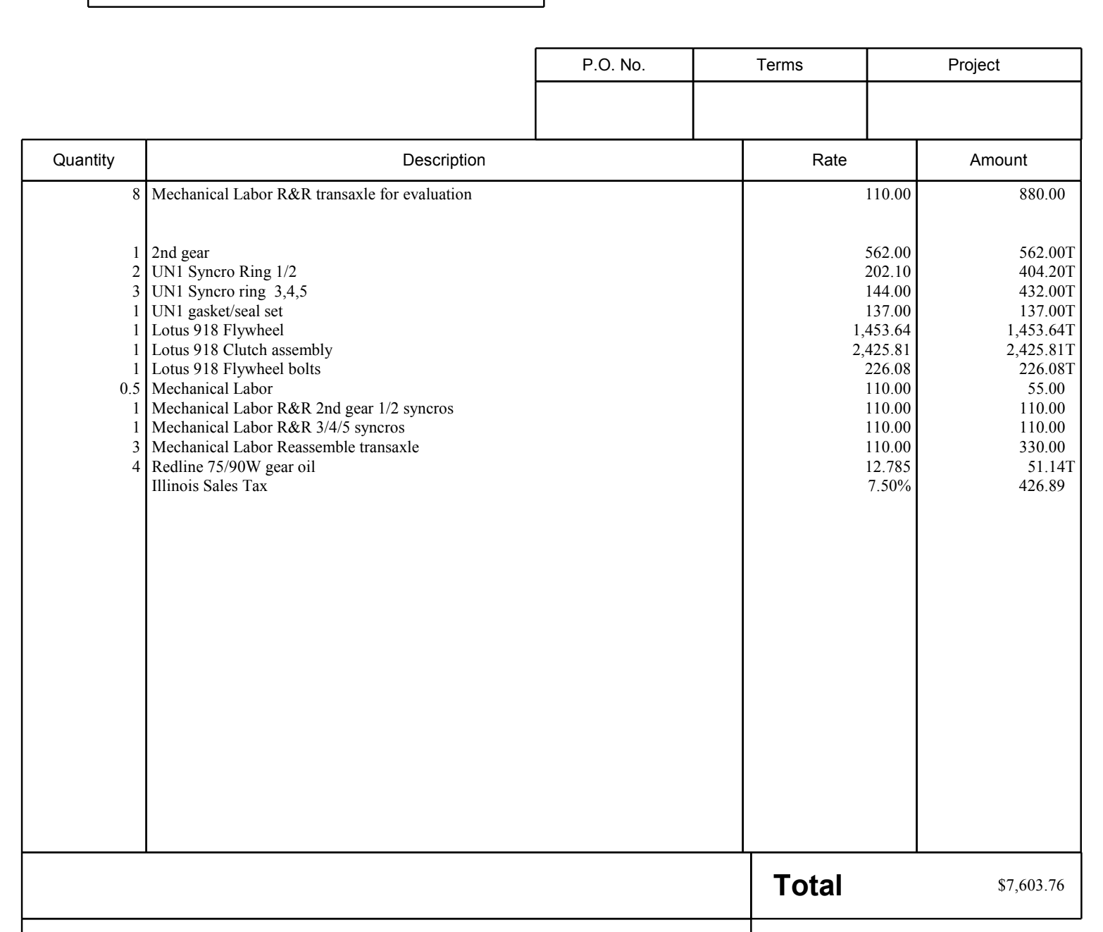 Invoice for the 2013 transmission repair: 2nd gear, UN1 synchro rings, gasket set, flywheel, clutch and labor, total $7,603.76