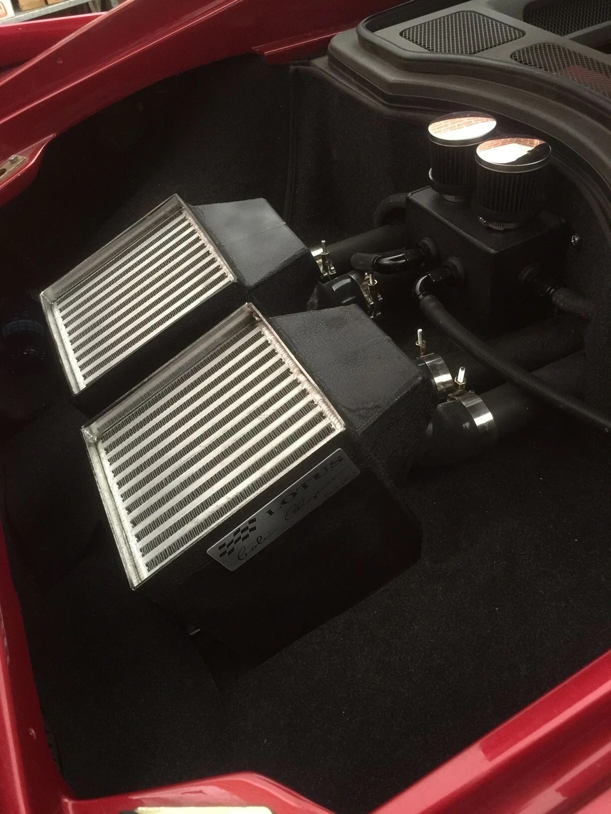 Esprit V8 engine bay with twin charge coolers